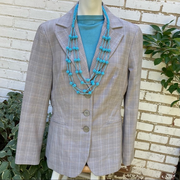Larry Levine Notch Collar Blue Gray plaid 3 button Classic Blazer Jacket sz12 - Picture 1 of 15